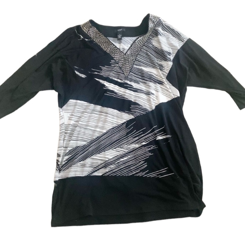 Alfani | Black White Silver Dress Blouse 1X V Neckline Shimmer